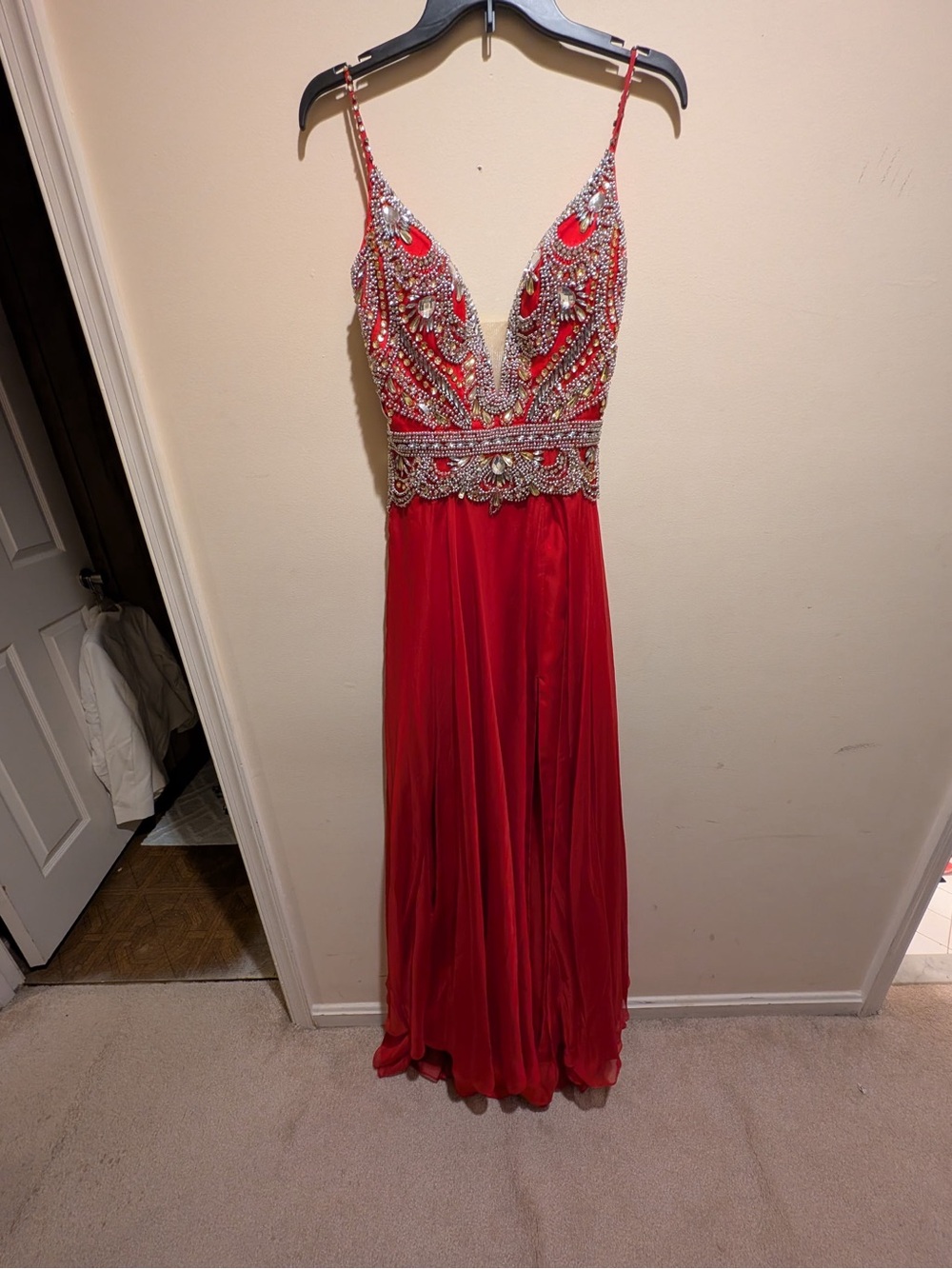 Mac Duggal Red Beaded V-Neck Gown